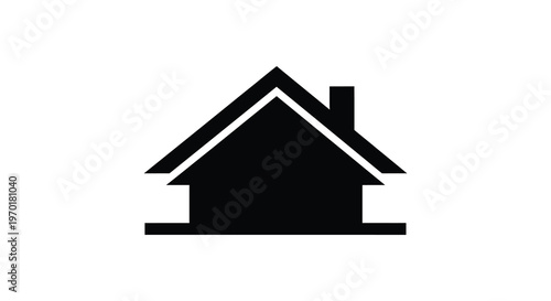 A minimalistic black icon depicts a simple house shape with a pointed roof and chimney silhouette high quality