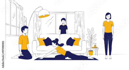 Family practicing yoga and fitness exercises together in living room