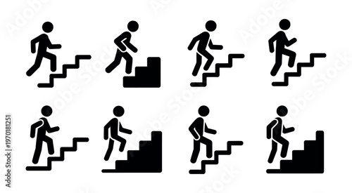 Stick figures black and white climbing stairs in a row simple human progression concept clean vector illustration design