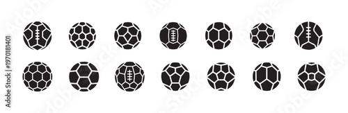 Variety of sixteen different sports ball symbols arranged in two rows icons set
