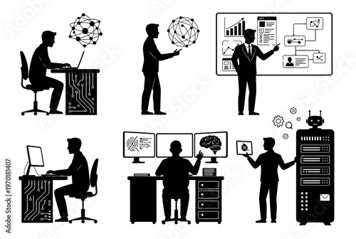 Business professionals working on computers and presenting data in an office setting with Technology