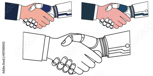 Business handshake vector illustration between human hand and robot hand for partnership.