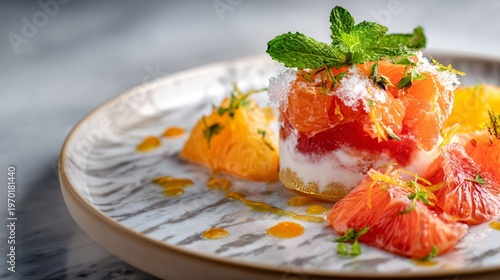 A gourmet fine dining plating of deconstructed Aperol Spritz trifle on a marble plate with artistic citrus accents
