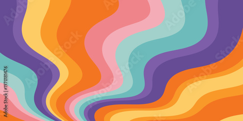 Abstract psychedelic retro wavy colorful flowing bands with vibrant orange, yellow, pink, teal, blue, and purple dynamic fluid artistic design