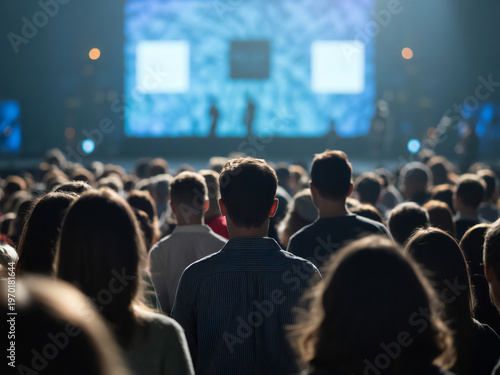 Large concert crowd facing a lit stage with bright screens
