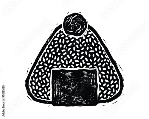 A hand drawn black and white illustration of an onigiri rice ball with nori seaweed