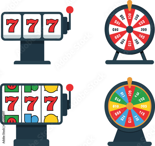 Casino slot machine and roulette wheel set, gambling game vector illustration colorful isolated luck entertainment icons
