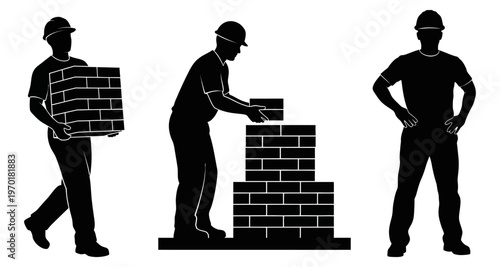 Construction Workers Building Brick Wall Silhouette Industry Professionals at Work Minimalist Vector Style