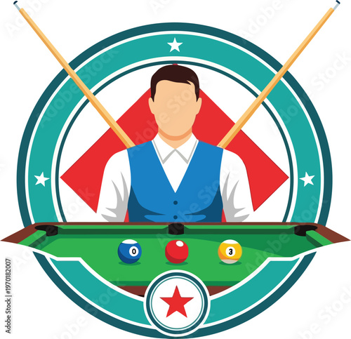 Professional male pool player logo with billiards table and cues