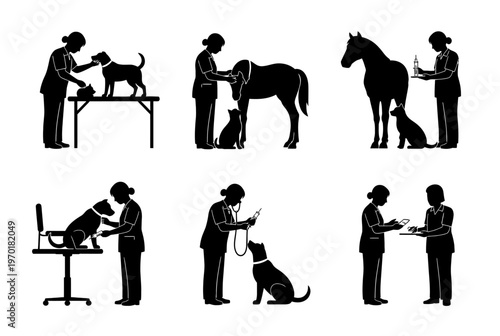 A veterinarian examines a dog on a table while another checks a horse and a third tends to a sitting dog with a clipboard outside a clinic.