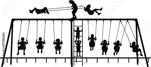 Children on swings silhouette vector, playground activity scene with kids playing and climbing, outdoor fun park illustration, black isolated recreation concept design