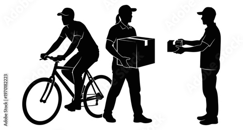 Delivery Personnel Silhouettes with Bicycle Package and Handheld Item in Sequence
