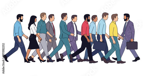 Diverse Business People Walking in Line Meeting Opposing Flow Corporate Movement Flat Style