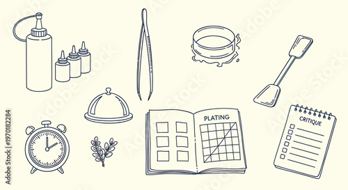 Hand drawn sketch collection office supplies and timekeeping devices isolated on transparent background