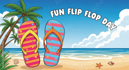 Colorful flip flops on a sunny beach with palm trees and starfish fun flip flop day
