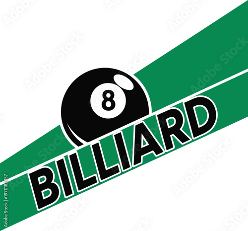 Graphic logo design for a billiard club featuring a black eight ball and green background