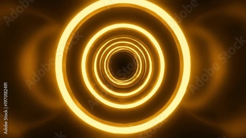 A hypnotic tunnel of golden light creates a mesmerizing visual experience. Spiraling, circular neon lights create a deep immersive effect