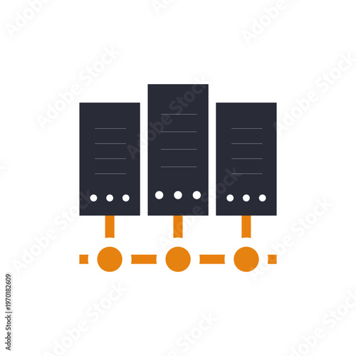 Three servers connected by network nodes, flat icon showing three black server towers linked by orange node chain, conveys
