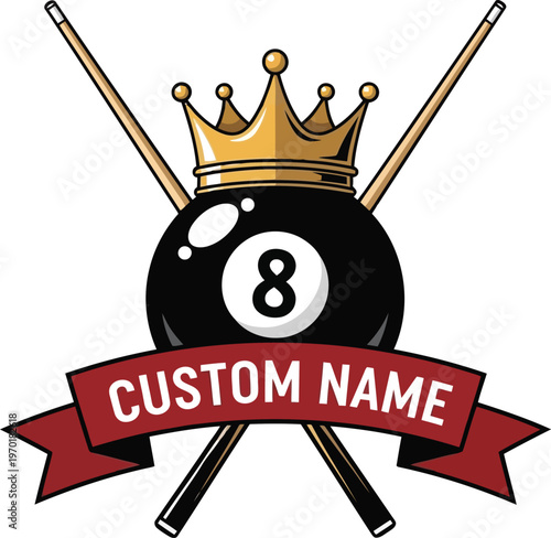Illustration of a pool eight ball with a golden crown and crossed cues for custom logo design