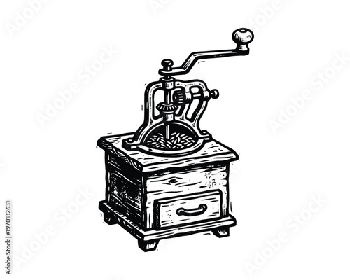 Antique hand crank coffee grinder with wooden box and drawer for grinding beans