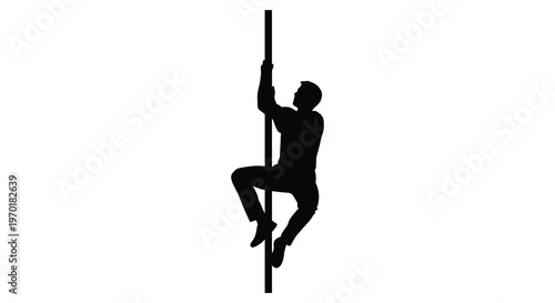 A man is depicted in a dynamic pose clinging to a vertical pole with strength and agility silhouette