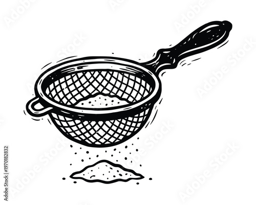 Black and white illustration of sieve filtering powder onto surface, kitchenware