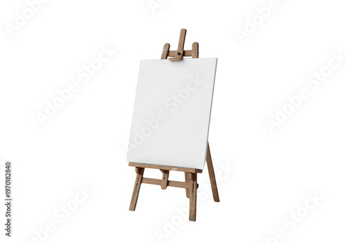 A blank white canvas sits on a wooden easel isolated on transparent background
