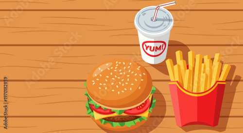 Fast Food Combo Vector Illustration with Cheeseburger French Fries and Soda on Wooden Table Background