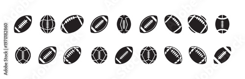 Set of silhouette sports balls including various footballs soccer balls and rugby ovals for branding
