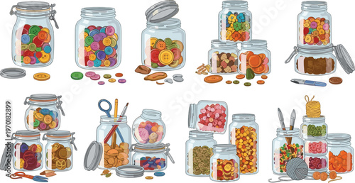 Colorful candy jars collection with assorted sweets, glass containers filled with gummies and confectionery, playful dessert vector set isolated on white background