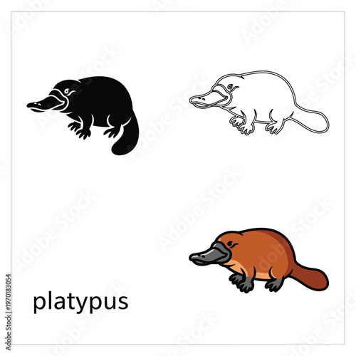 Platypus vector illustration set, duck billed platypus outline silhouette cartoon style.
