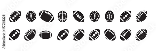Various rotated and angled football and soccer ball icons in solid black for dynamic sports presentation