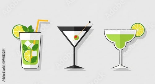 Three colorful cocktail illustrations with lime mint and olives on a clean background