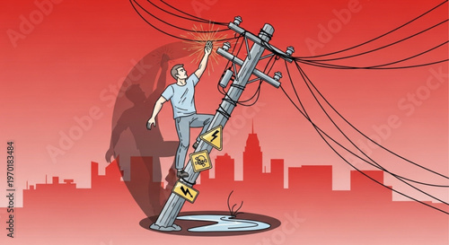 Worker Electric Shock Accident on Power Line High Voltage Danger Illustration