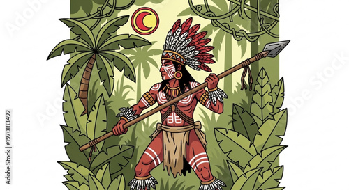 Tribal Warrior with Spear in Jungle Traditional Culture Illustration