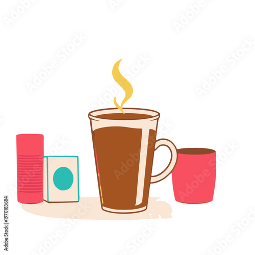 A vector graphic illustration of a steaming cup of coffee with disposable cups and a sugar packet