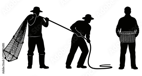 Fishermen silhouettes with net and basket isolated on white professional vector illustration