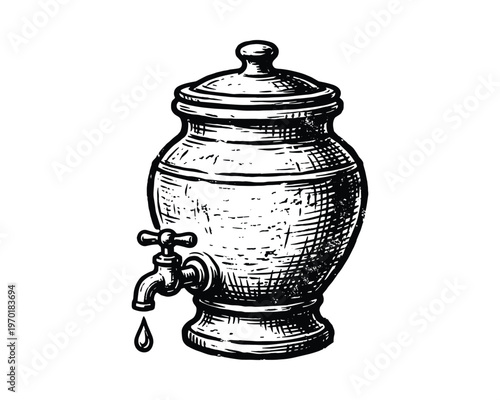 Ceramic water dispenser with tap and dripping drop. traditional liquid storage. black and white vector illustration