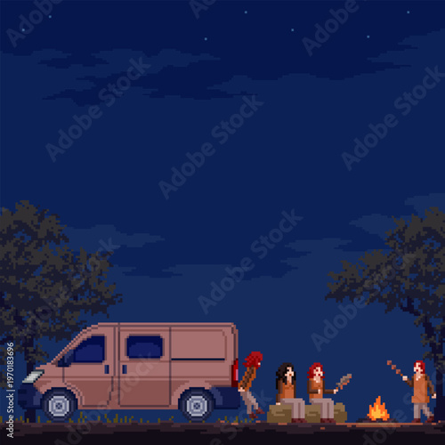 pixel art scene of campfire night friend picnic