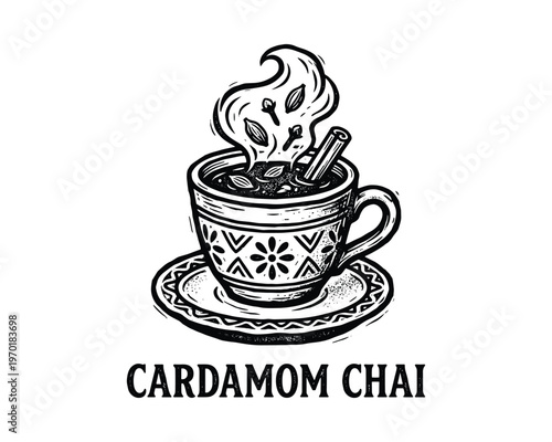 Cardamom chai hot beverage cup with spices in illustrative style vector art