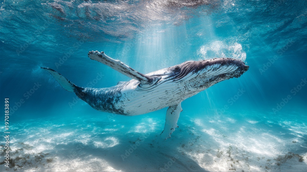 Obraz premium Majestic Humpback Whale Swimming Gracefully in Clear Ocean Waters