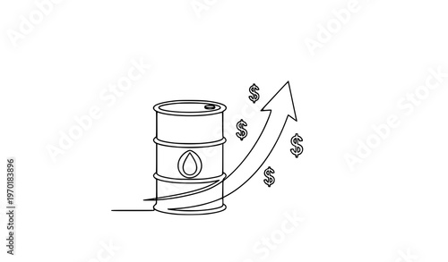 Continuous line oil barrel with rising price icon minimal black vector illustration