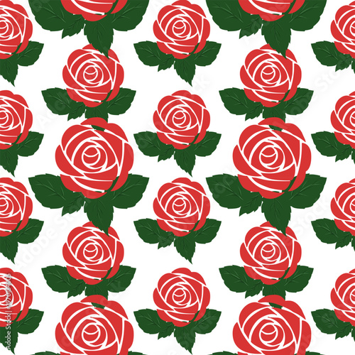 s A vibrant seamless floral pattern featuring elegant red roses and dark green leaves. This romantic botanical illustration is perfect for textile printing, wedding invitations, gift wrapping paper.