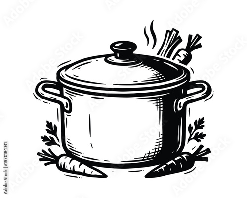 Cooking pot with carrots and parsley. healthy food preparation. traditional kitchen utensil. black and white vector