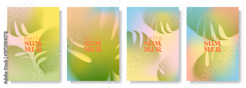 A set of 4 vibrant gradient summer backgrounds with monstera leaves