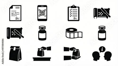Comprehensive set of black and white icons illustrating various stages of modern delivery services, order fulfillment, medical logistics, and business operations for digital platforms