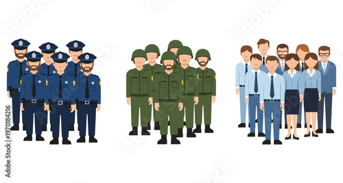 Law Enforcement Military and Business Professionals Grouped Together Flat Design
