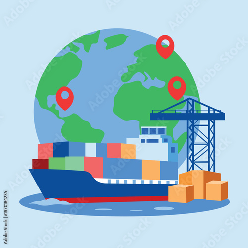 Global Trade and Logistics Concept with Cargo Ship, Crane and World Map Flat Illustration