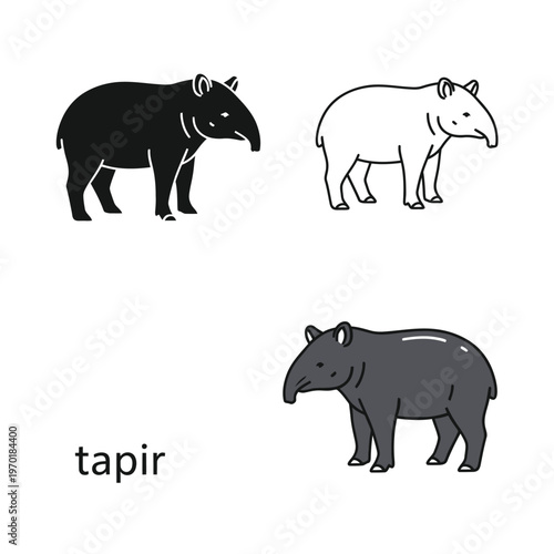 Set of tapir animal illustrations in silhouette outline and flat color art style.