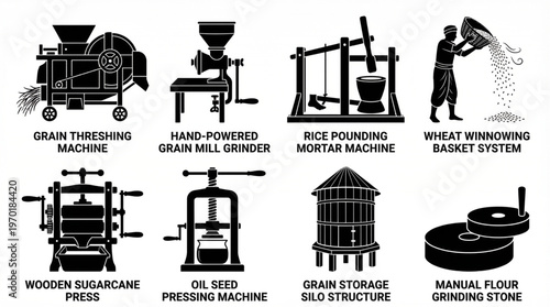 Collection of Agricultural Tools and Machines for Grain Processing and Crop Management